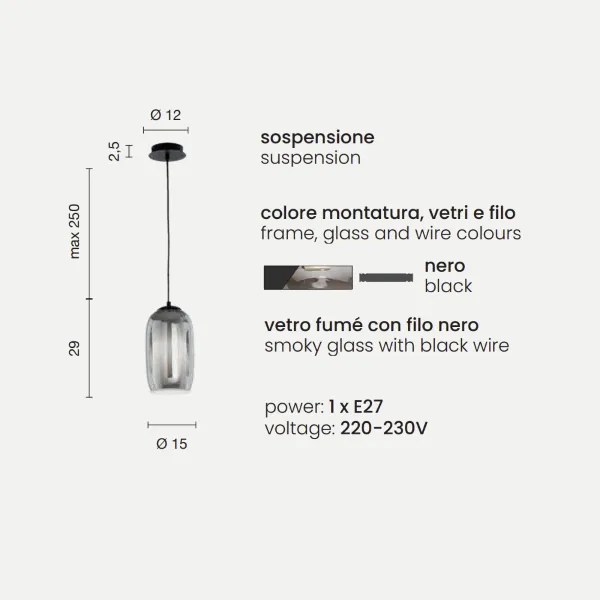 Lampada sospensione D15 cm - vetro soffiato Fumč BONNIE MOD3