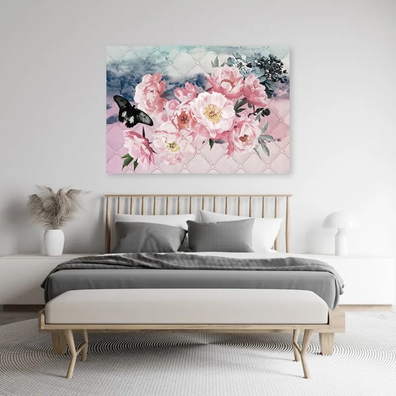 Quadro su tela, Fiori rosa e una farfalla nera  Dimensioni Tappeti 100x70