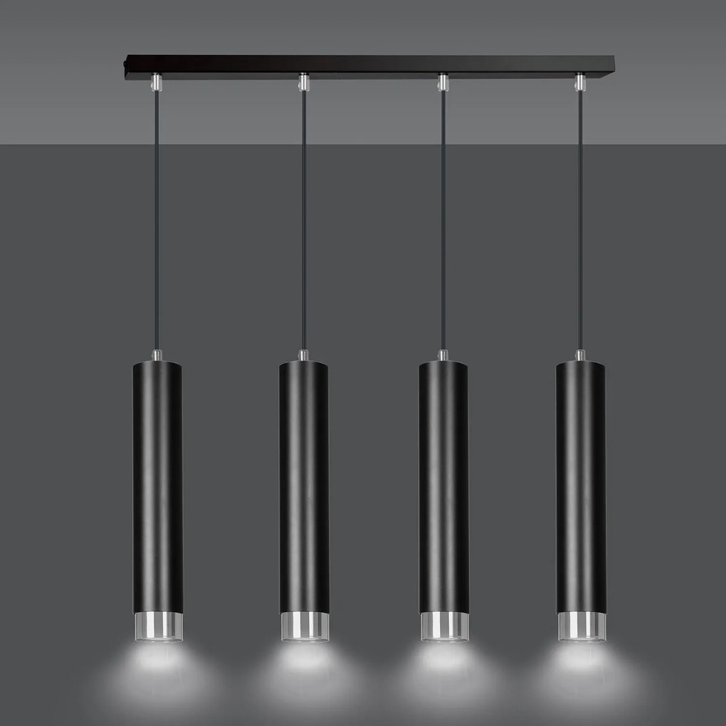 Lampadario 4 Luci Brunilde In Acciaio Nero E Tubolari In Nero E Cromo