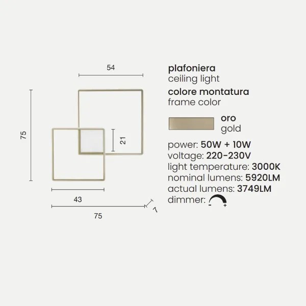 Plafoniera LED DOWEL 75x7 cm in metallo verniciato oro