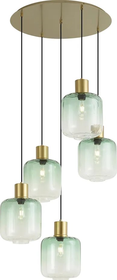 Lampada a sospensione Hotel Chic ottone con vetro blu e verde 5 luci - Qara