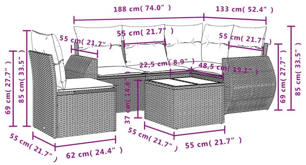 Set divano da giardino 6 pz con cuscini grigio in polyrattan