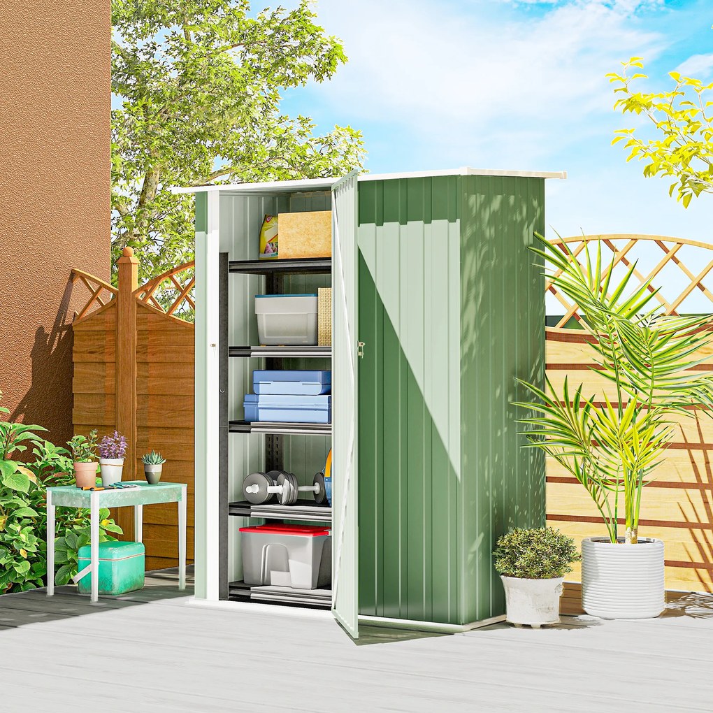 Capanno Porta Attrezzi 142x86x189 cm con Tetto Inclinato e Porta Bloccabile in Metallo Verde Chiaro...