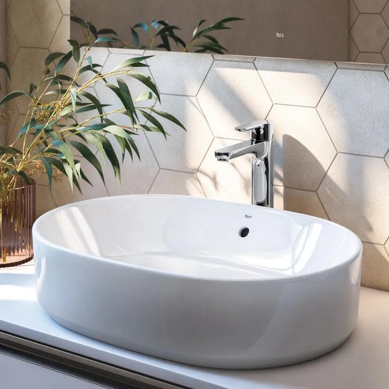Lavabo da appoggio Domus ROCA ovale in ceramica L 55 x H 13 x P 39 cm bianco lucido piletta non inclusa