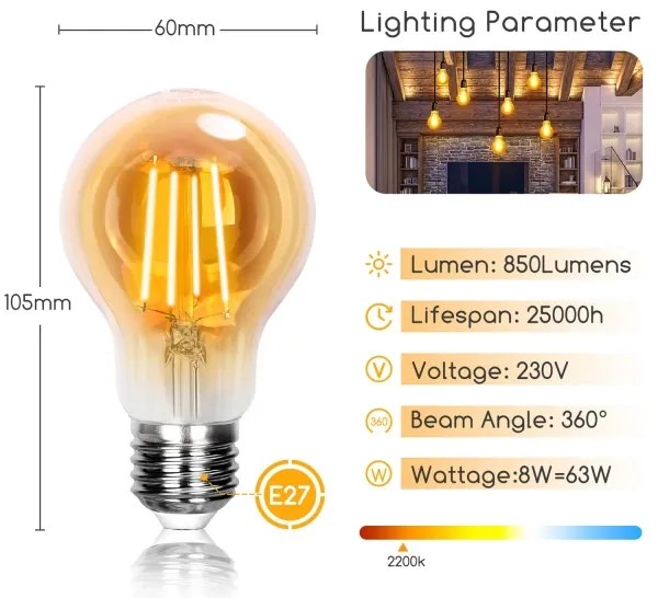 Lampadina LED  A60 E27/8W/230V 2200K - Aigostar