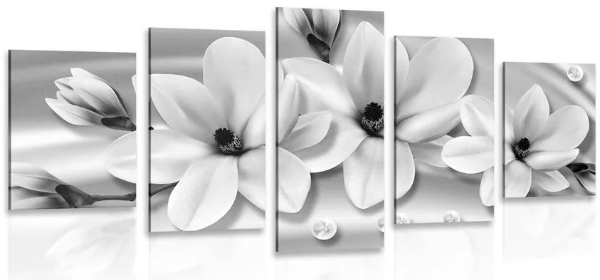 Quadri 5 pezzi – Magnolia di lusso con perle in bianco e nero