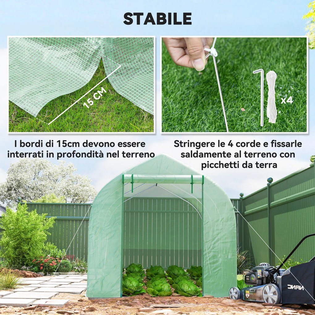 Serra a Tunnel Anti-UV 4x2x2 m con 6 Finestre a Rete e Ingresso Arrotolabile in Metallo e PE Verde...
