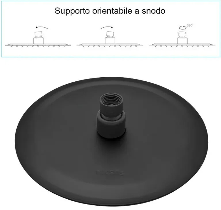 Soffione doccia tondo 20 cm con braccio 33 cm in acciaio nero opaco