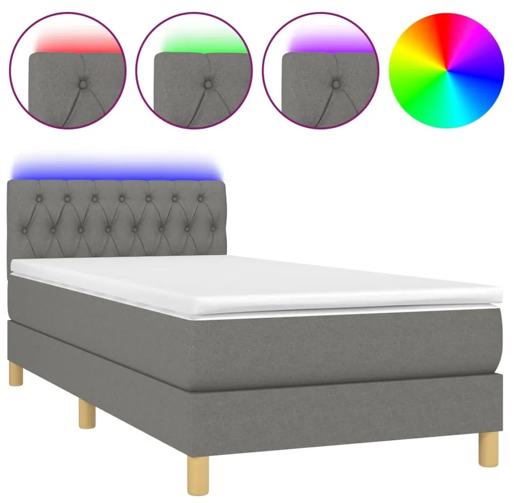 Letto a molle materasso e led grigio scuro 100x200cm in tessuto