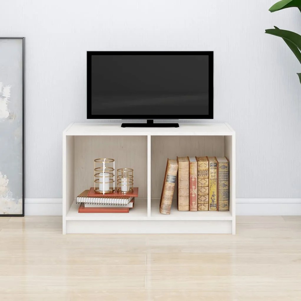 Mobile Porta Tv Bianco 70x33x42 Cm İn Legno Massello Di Pino /
