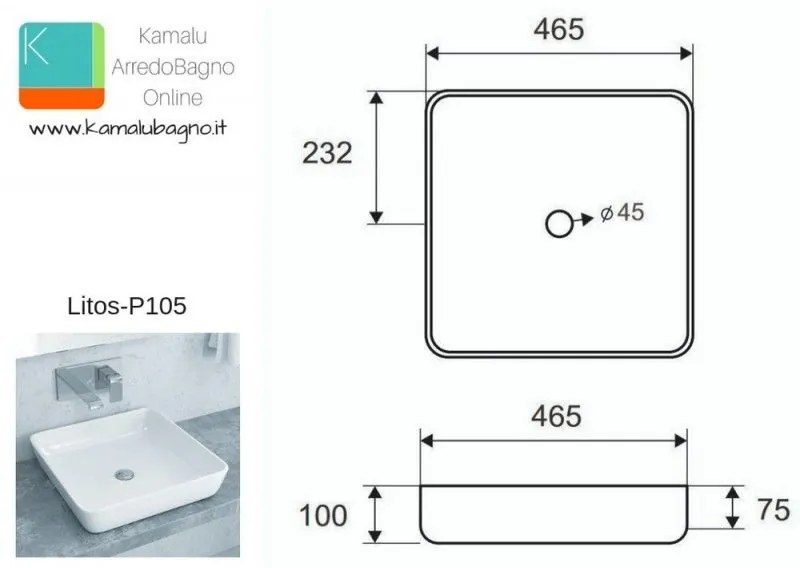 Kamalu - lavabo bagno quadrato 46cm litos-p105