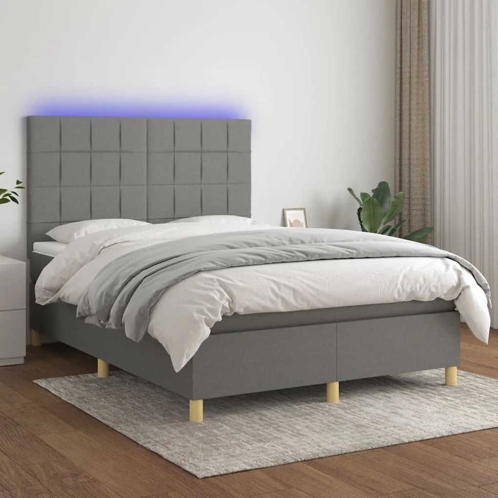 Letto a molle materasso e led grigio scuro 140x200cm in tessuto