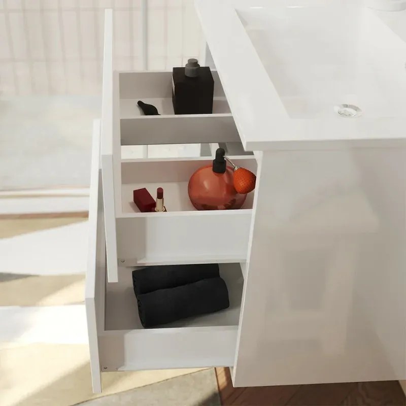 Mobile bagno sospeso bianco lucido 100 cm lavabo e specchiera LED Easy