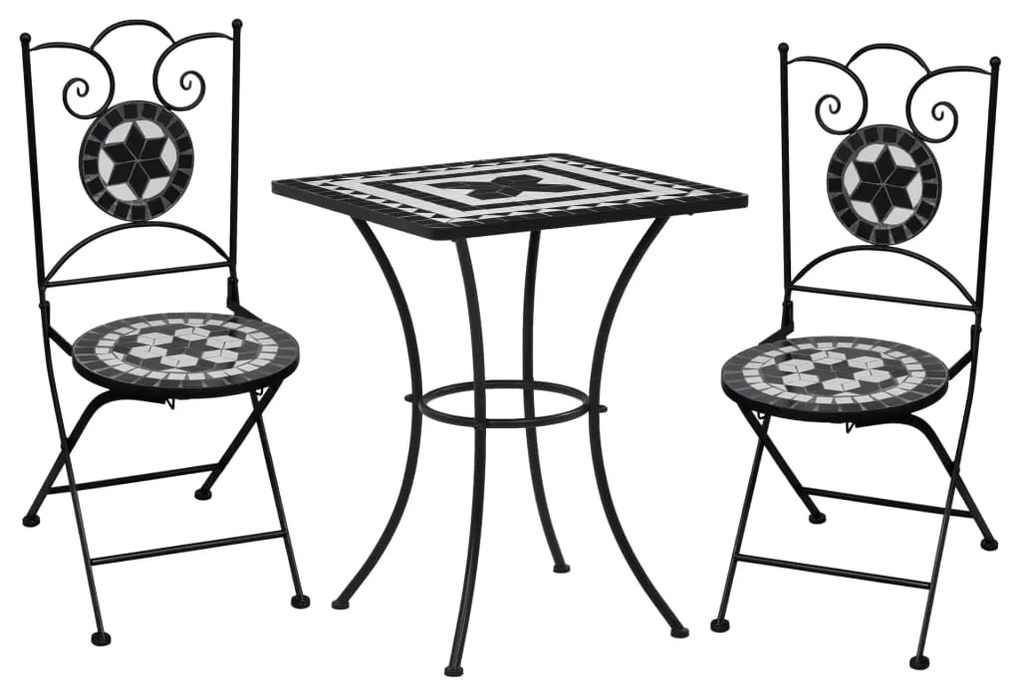 Set Bistrò 3 Pz Con Mosaico İn Ceramica Nero E Bianco /