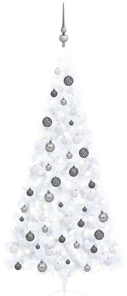 Albero di Natale a Metà Preilluminato con Palline, Albero di Natale a Metà Preilluminato con Palline Bianco 180 cm