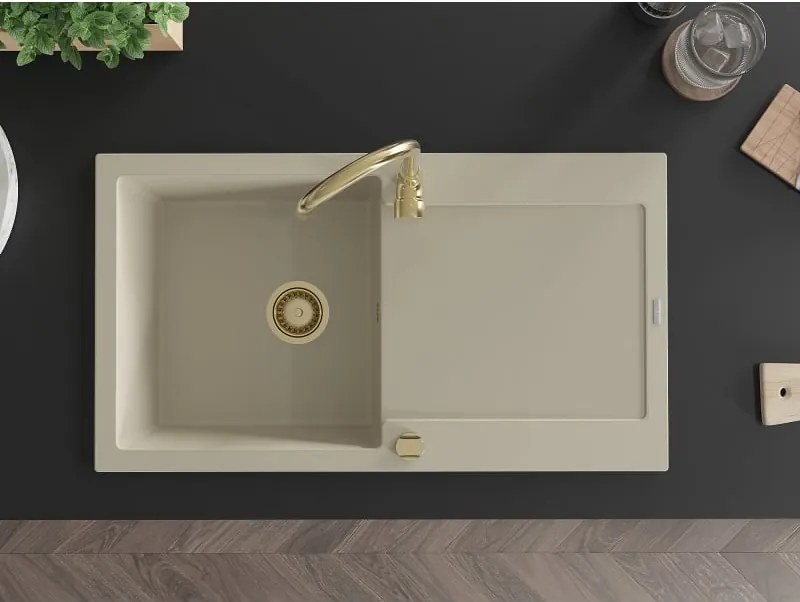 Mexen Leo lavello in granito monovasca con scolapiatti 900 x 500 mm, beige, sifone dorato - 6501901010-69-G