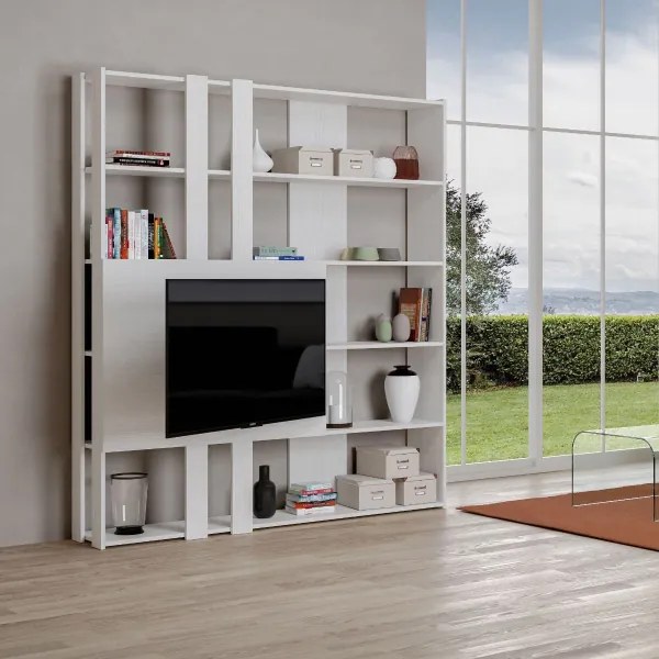 Libreria a 6 ripiani con porta tv a 2 fianchi KATO M Bianco Frassino