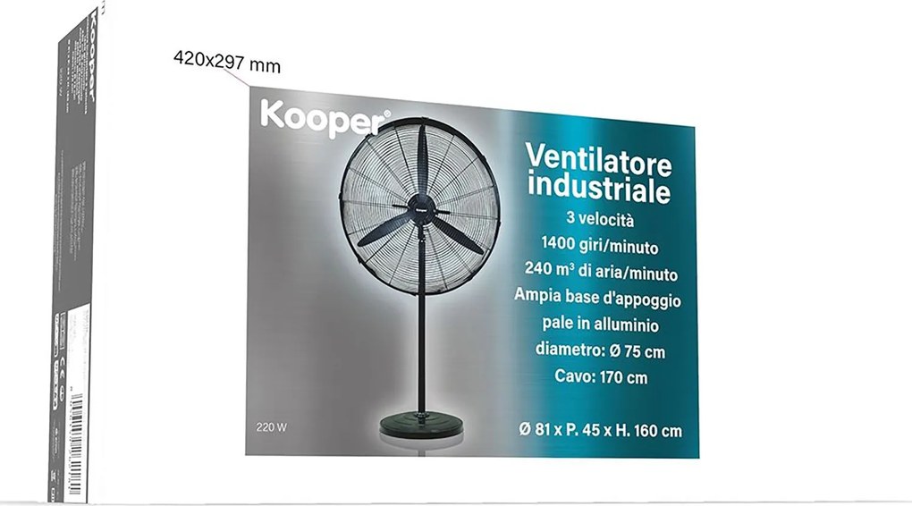 Ventilatore Industriale a Piantana 3 Pale Ø75cm 3 Velocità in Acciaio Laminato Nero...