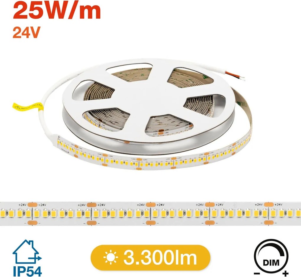 Striscia LED 24V 25W/m Altissima Luminosità Professionale - IP54 - 5 metri