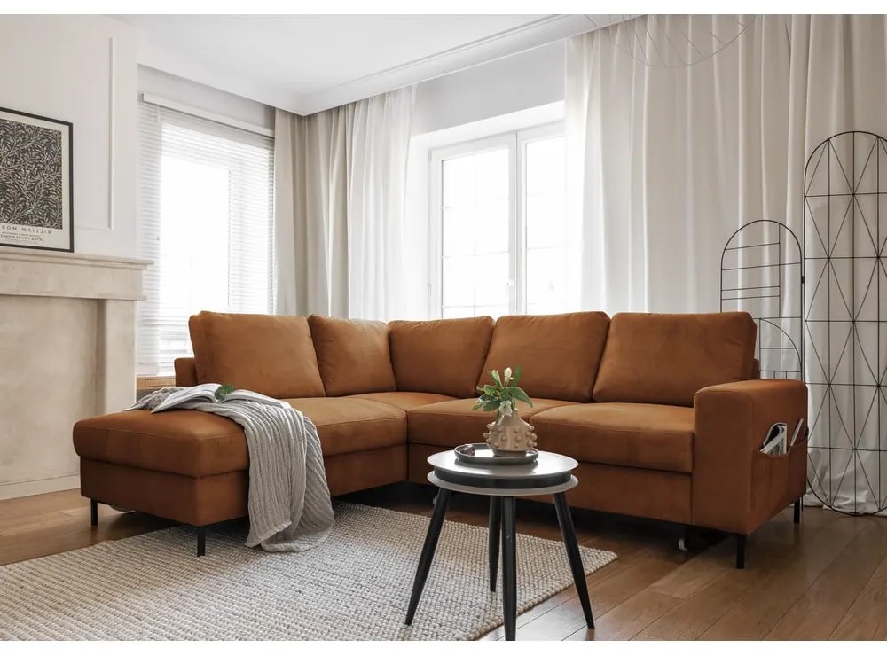 Divano letto angolare in velluto a coste arancione (angolo sinistro) Lofty Lilly - Miuform