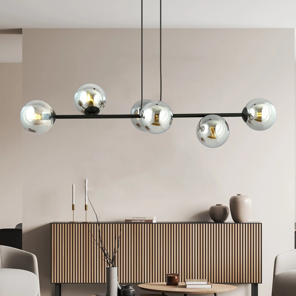 Lampadario Contemporaneo 6 Luci Durga In Acciaio Nero E Sfere In Vetro Fumè