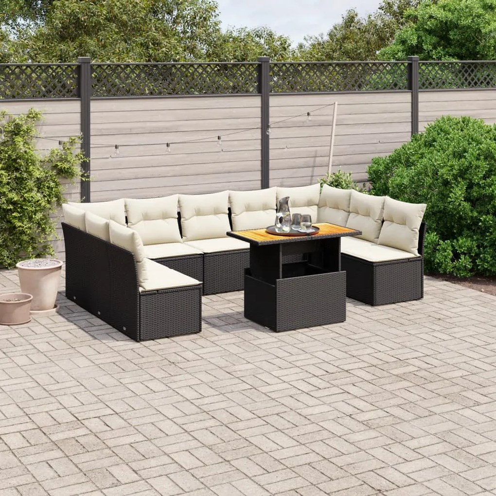 Set divani da giardino 10pz con cuscini in polyrattan nero