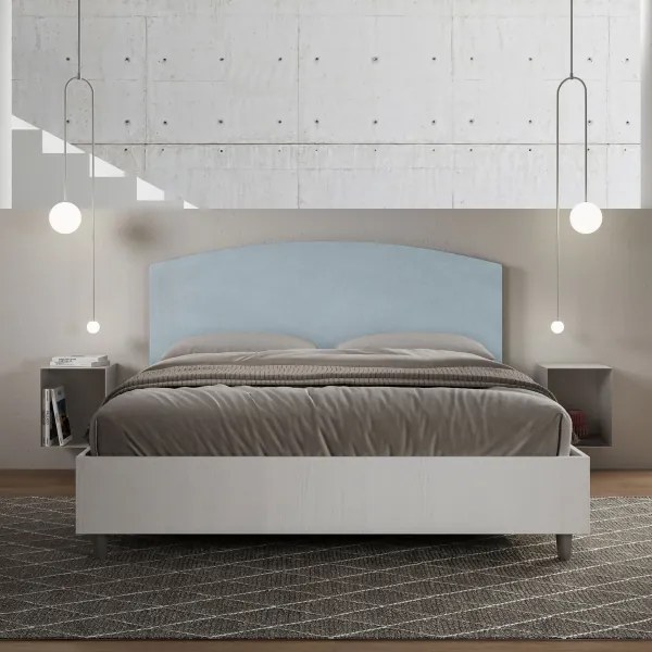 Letto matrimoniale e rete 160x200 in legno bianco e testata in microfibra azzurro Antilia