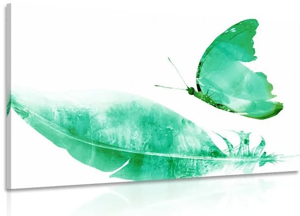 Stampa su tela – Piuma con farfalla in verde