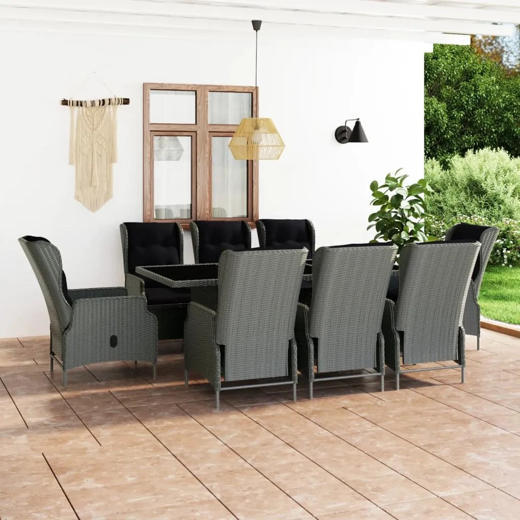 Set Pranzo da Giardino 9pz con Cuscini Polyrattan Grigio Chiaro