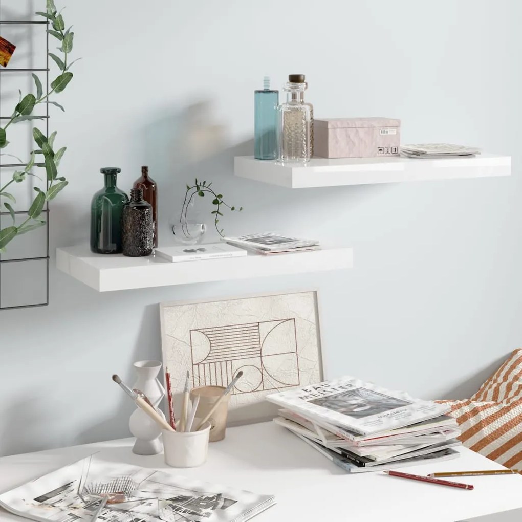 Scaffali A Parete 2 Pz Bianco Lucido 50x23x3,8 Cm İn Mdf /
