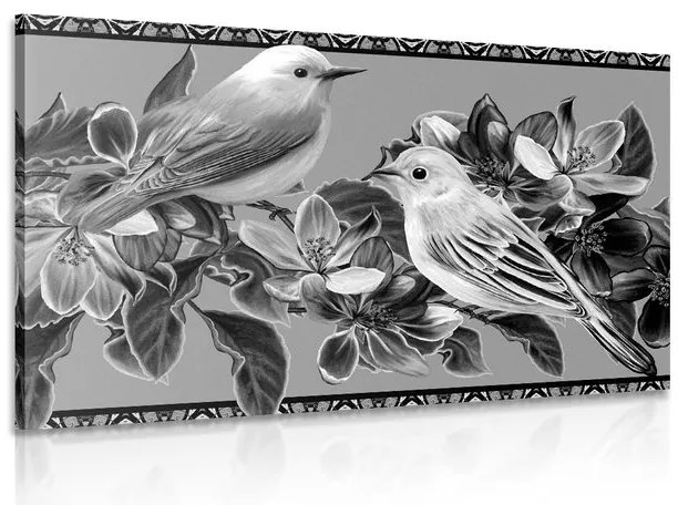 Stampa su tela – Uccellini e fiori in bianco e nero in versione vintage