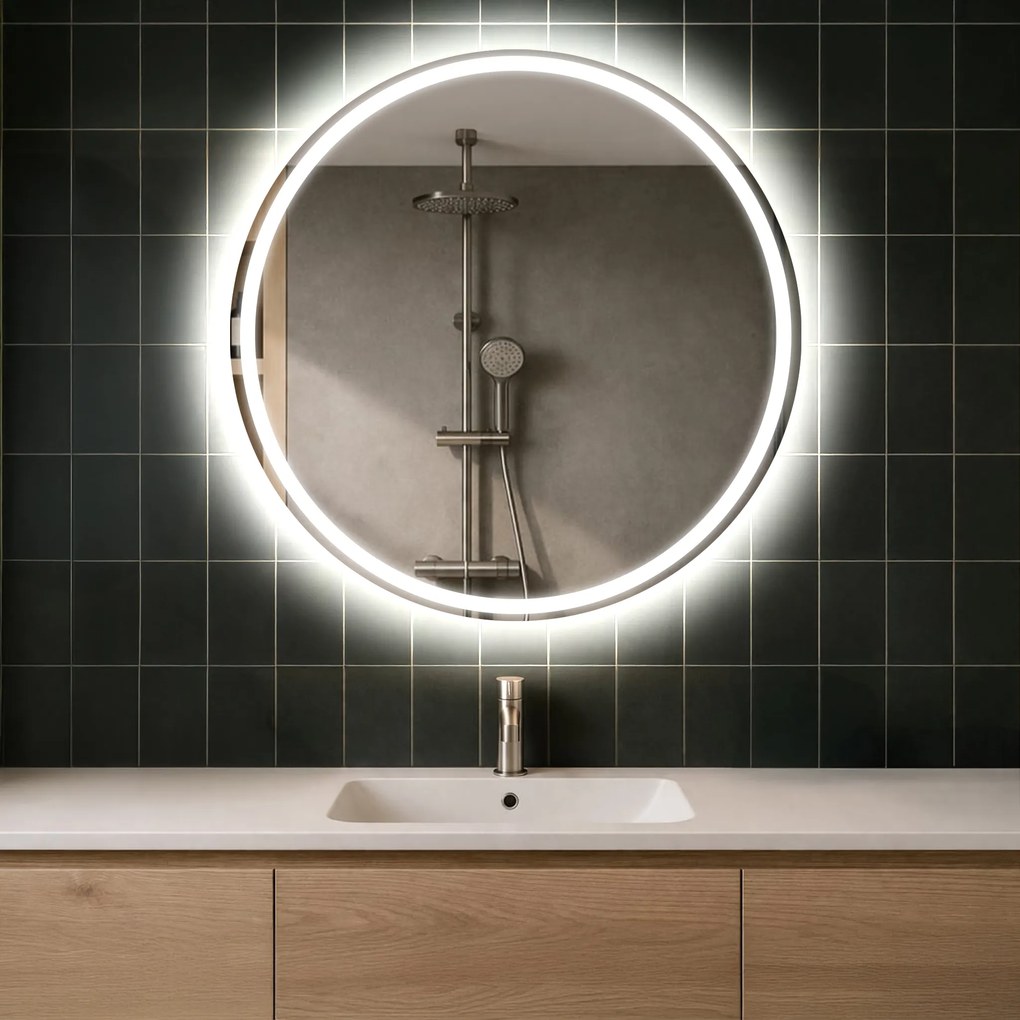 Rotondo specchio parete retroilluminato per bagno L76 specchio trucco con luci con Specchio cosmetico, Orologio tattile sinistra