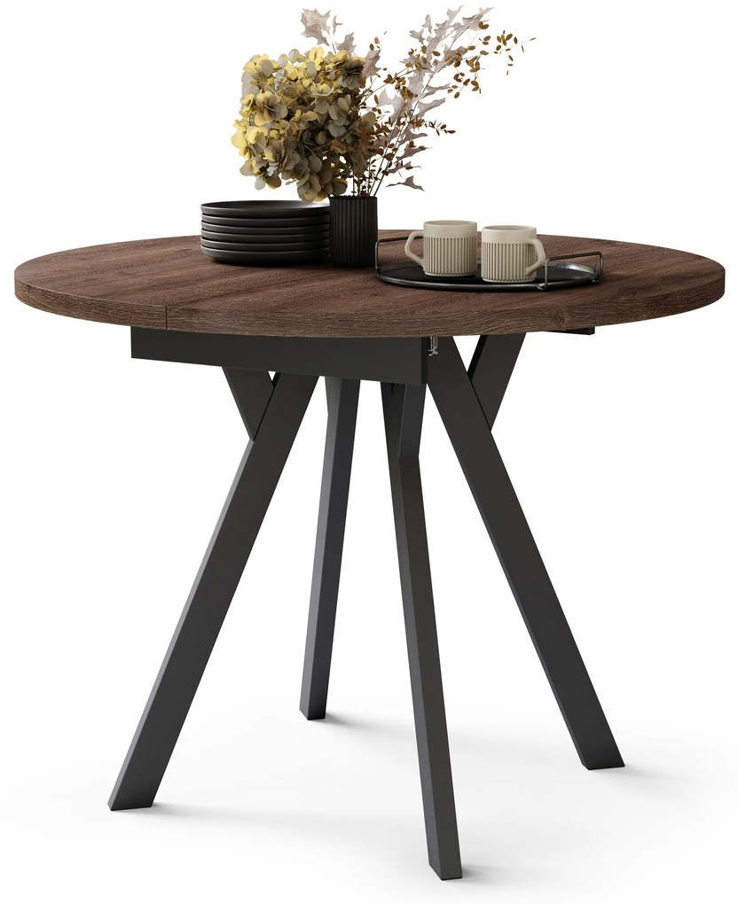 ALDO Rovere Marrone/gambe nere - TAVOLO ROTONDO ALLUNGABILE CON GAMBE A "Y" LOFT / INDUSTRIALE PER SALONE / SALA DA PRANZO