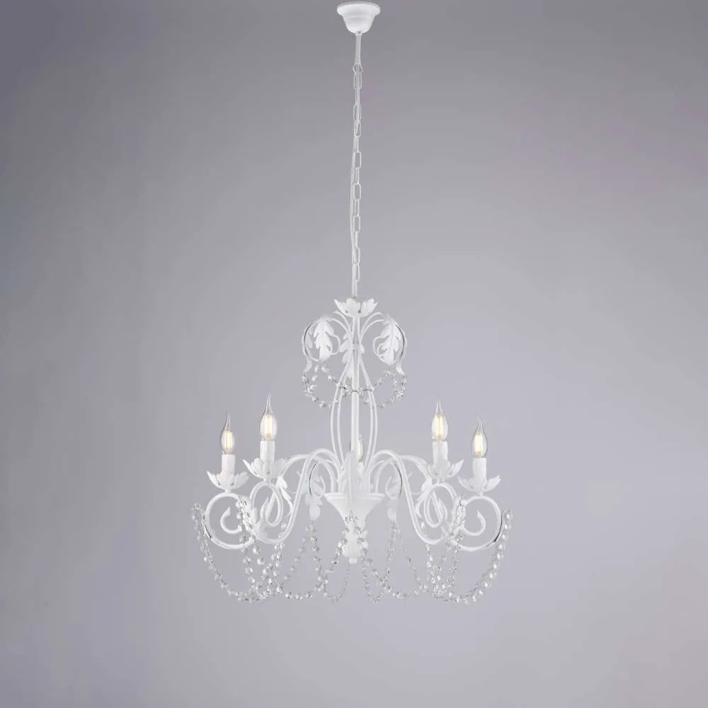 Bonetti Illumina Lampadario in ferro laccato bianco con decorazione effetto shabby chic e strass in cristallo 5 luci