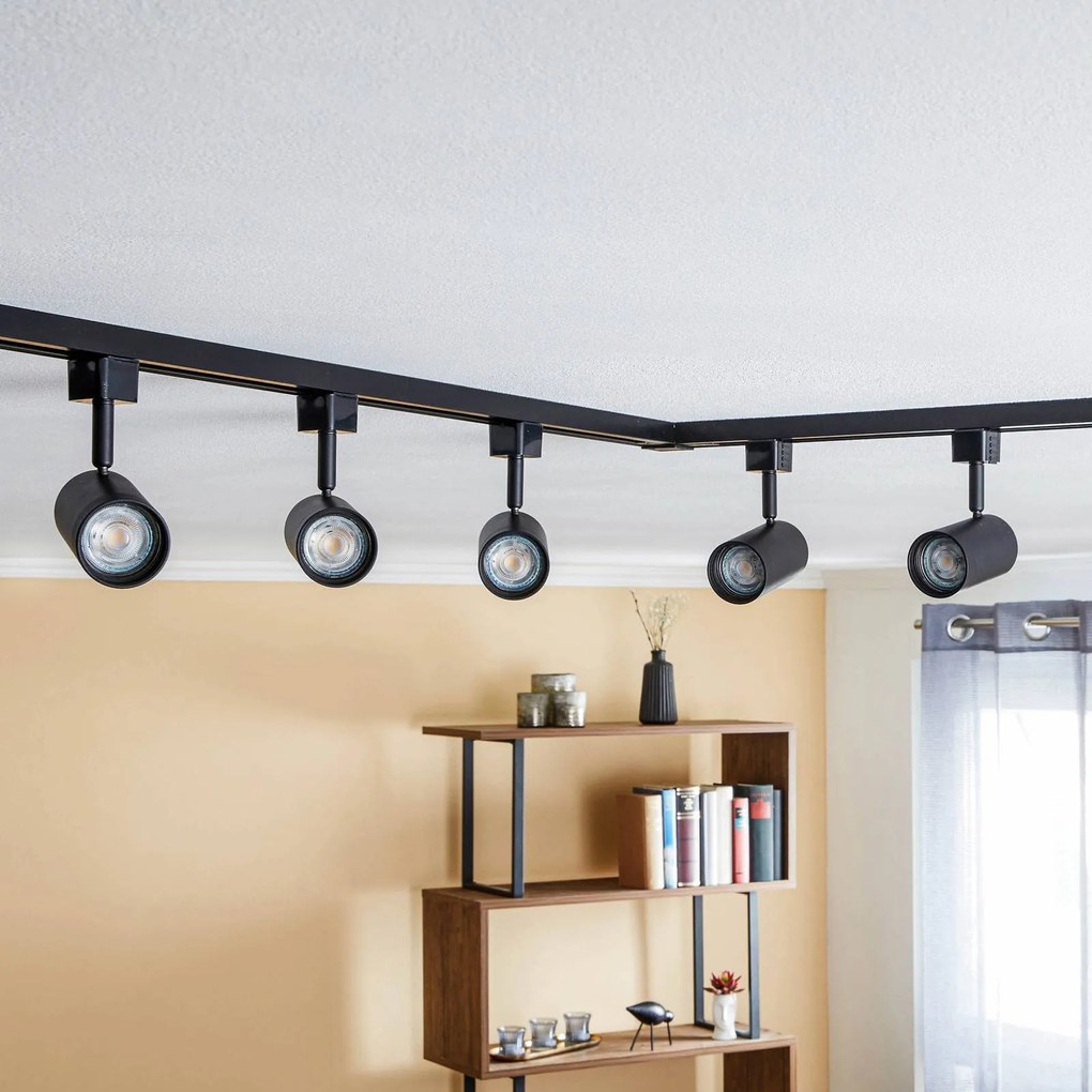Sistema binario monofase Prios Jorell, nero, a 5 luci, GU10 Jorell PRIOS, dimmerabile, Nero, Soggiorno / Sala da pranzo, Alluminio, Moderno, Lampada a binario