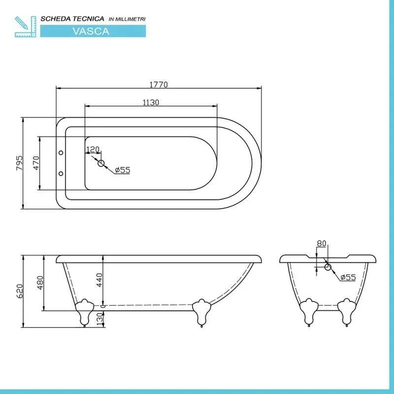 Vasca da bagno freestanding classica 177x79,5 Piedini cromo a zampa daquila regolabili Ann