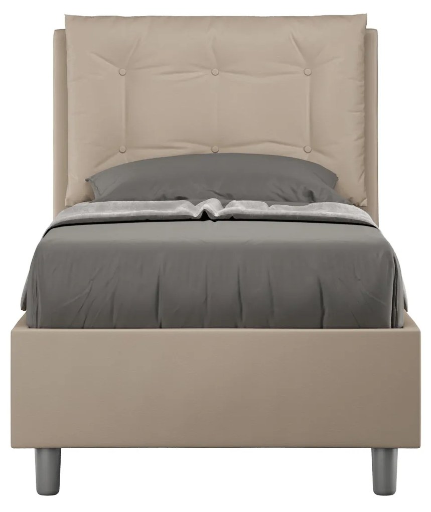 Letto singolo imbottito similpelle Annalisa senza rete, con rete, contenitore, Tortora / Con Rete