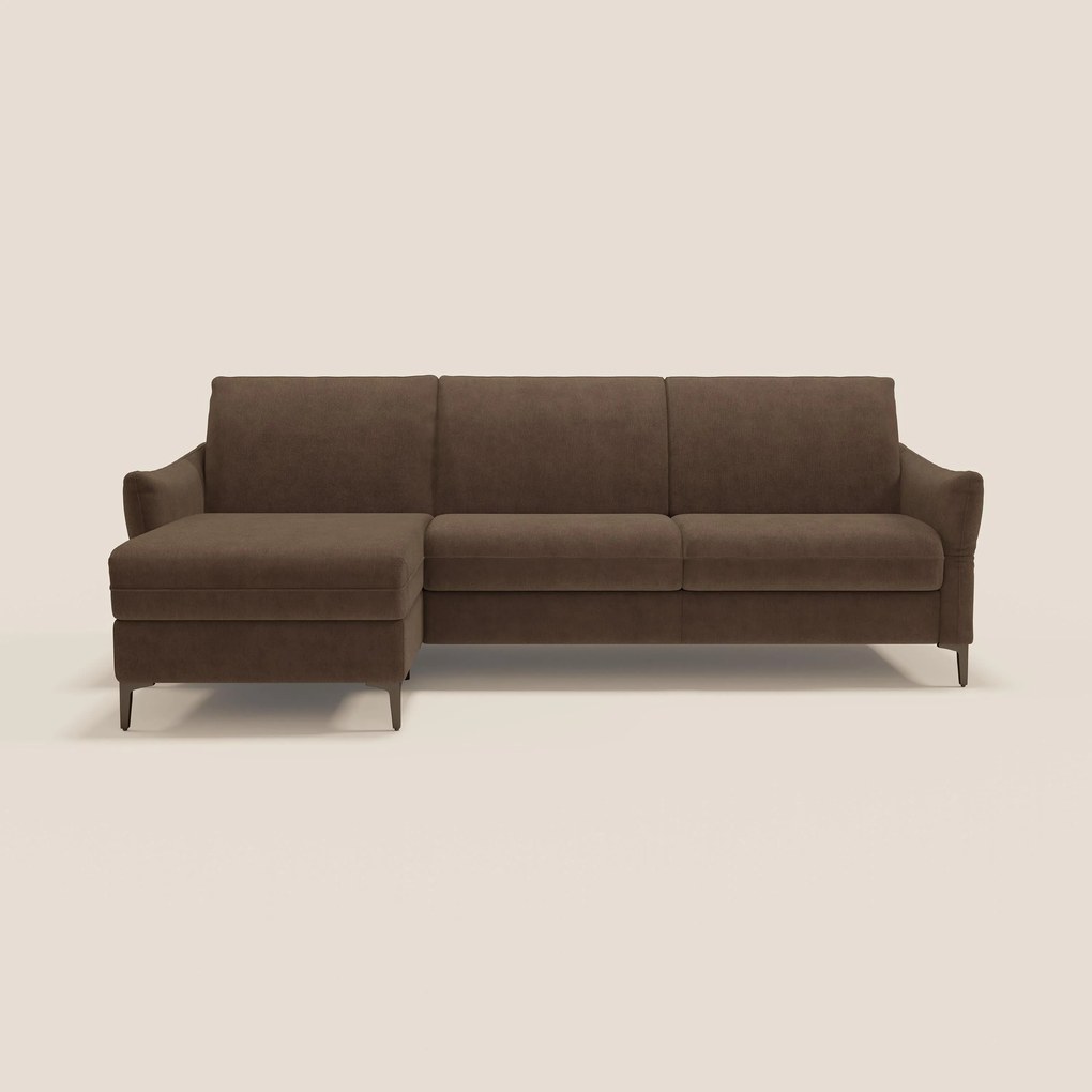 Dalia divano letto angolare con materasso alto 18 cm piedini alti e penisola contenitore in tessuto smacchiabile T17