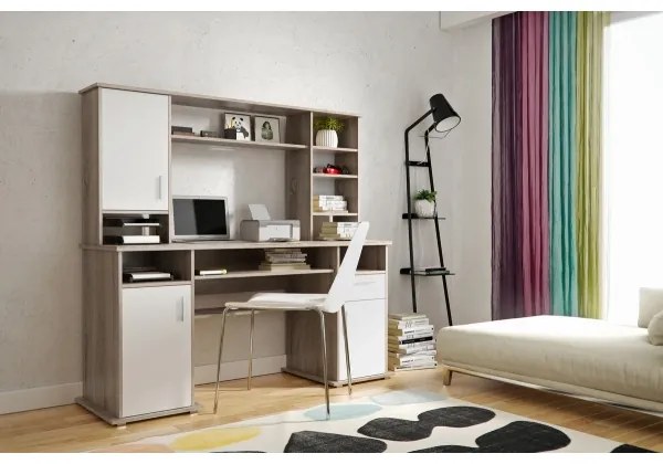 Scrivania con mensola ELIAN, rovere sonoma, grigio/bianco