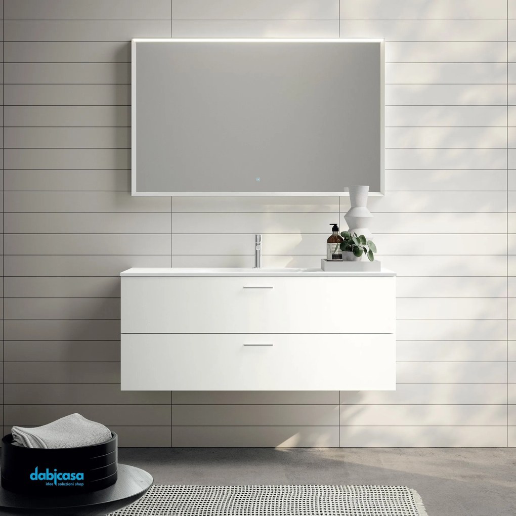 Mobile Bagno Sospeso "KA04" Da 120 Cm Composto Da Due Cassetti Lavabo E Specchio Finitura Fiocco