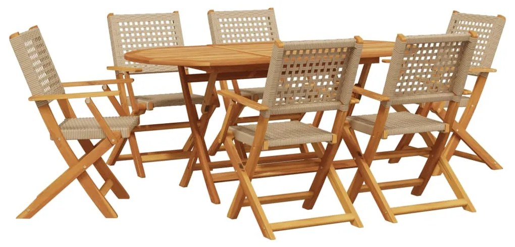 Set pranzo da giardino 7 pz beige polyrattan e legno massello