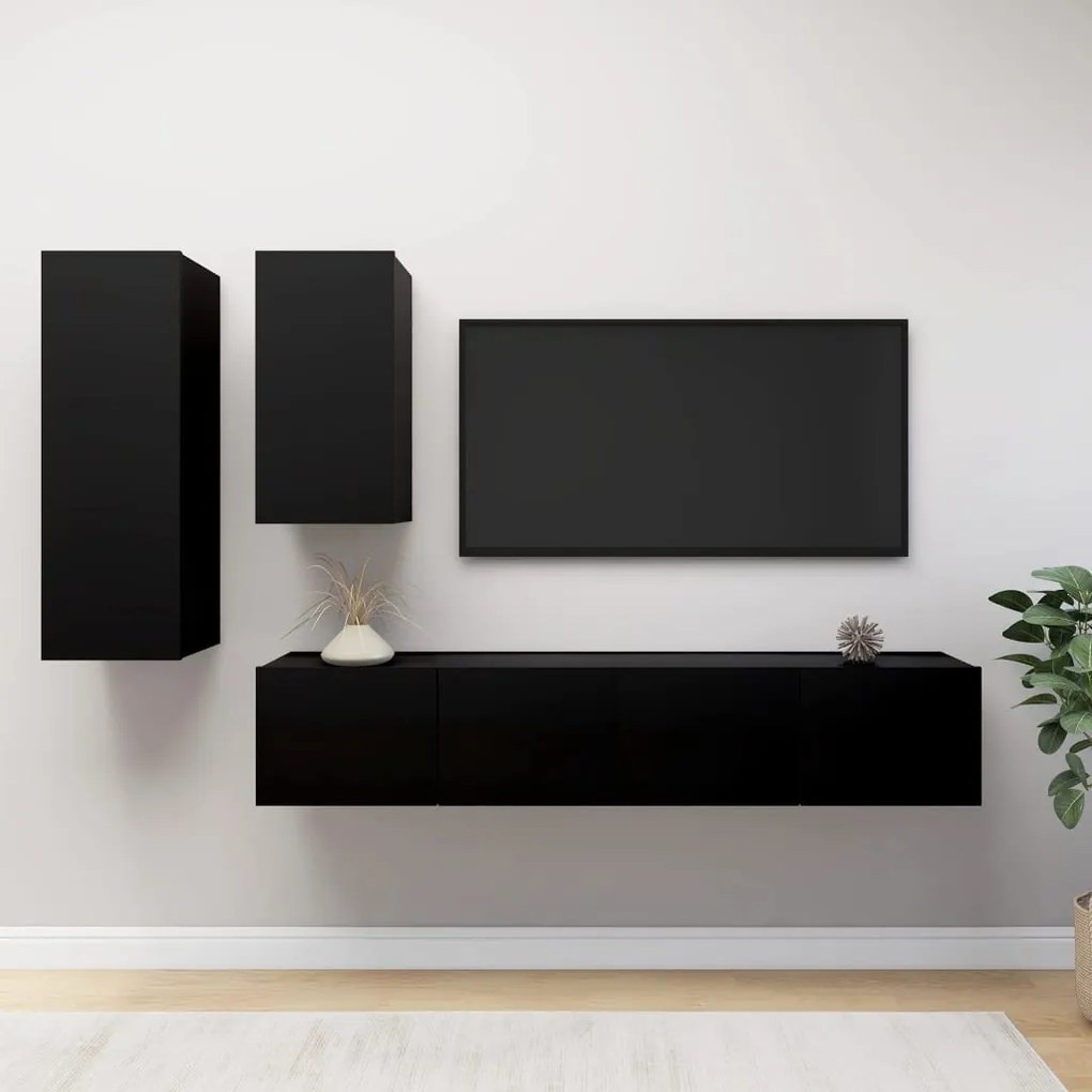 Set Di Mobili Porta Tv 4 Pz Nero İn Legno Multistrato /