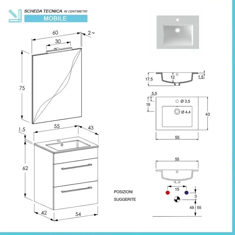 Mobile bagno sospeso 55 cm Smart olmo/lava con lavabo e specchio