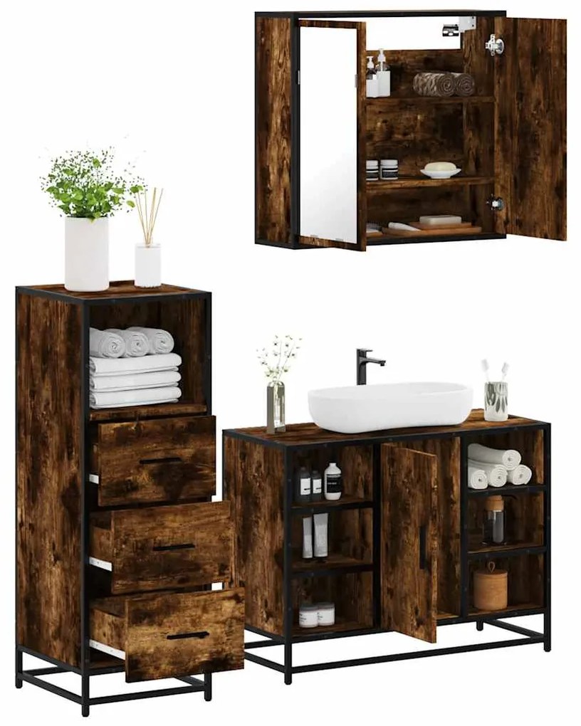Set Mobili Da Bagno 3 Pz Rovere Fumo İn Legno Multistrato /