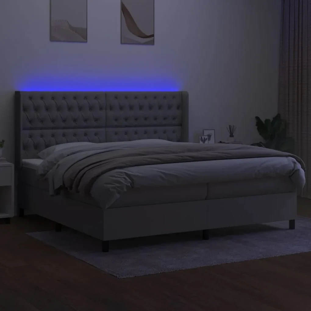 Letto a molle materasso e led grigio chiaro 200x200 cm tessuto