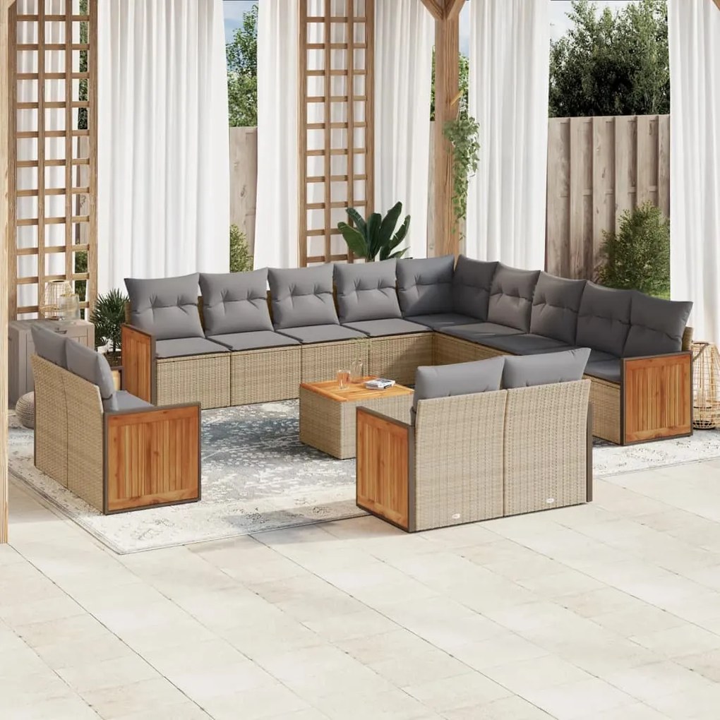 Set divani da giardino 14pz con cuscini in polyrattan beige