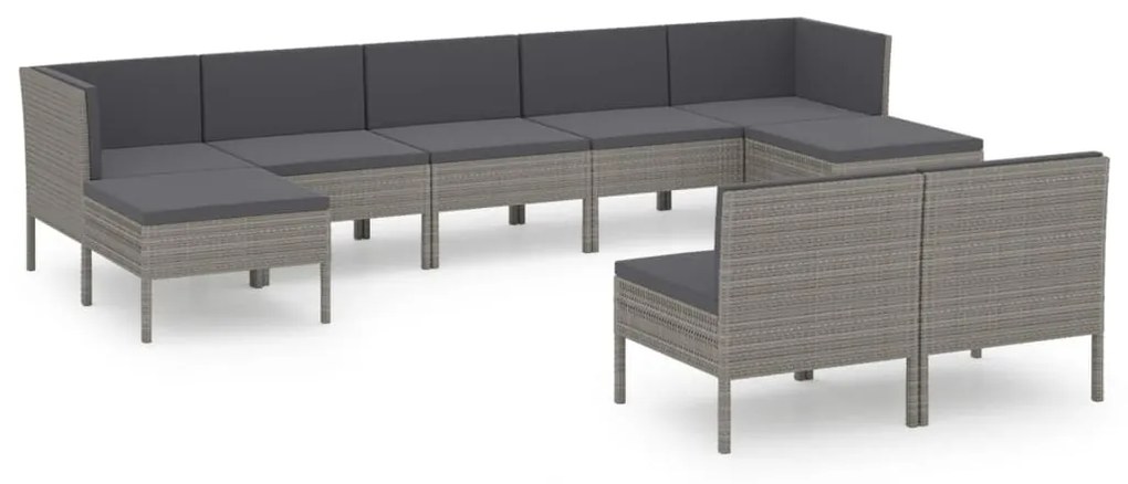 Set divani da giardino 9 pz con cuscini in polyrattan grigio