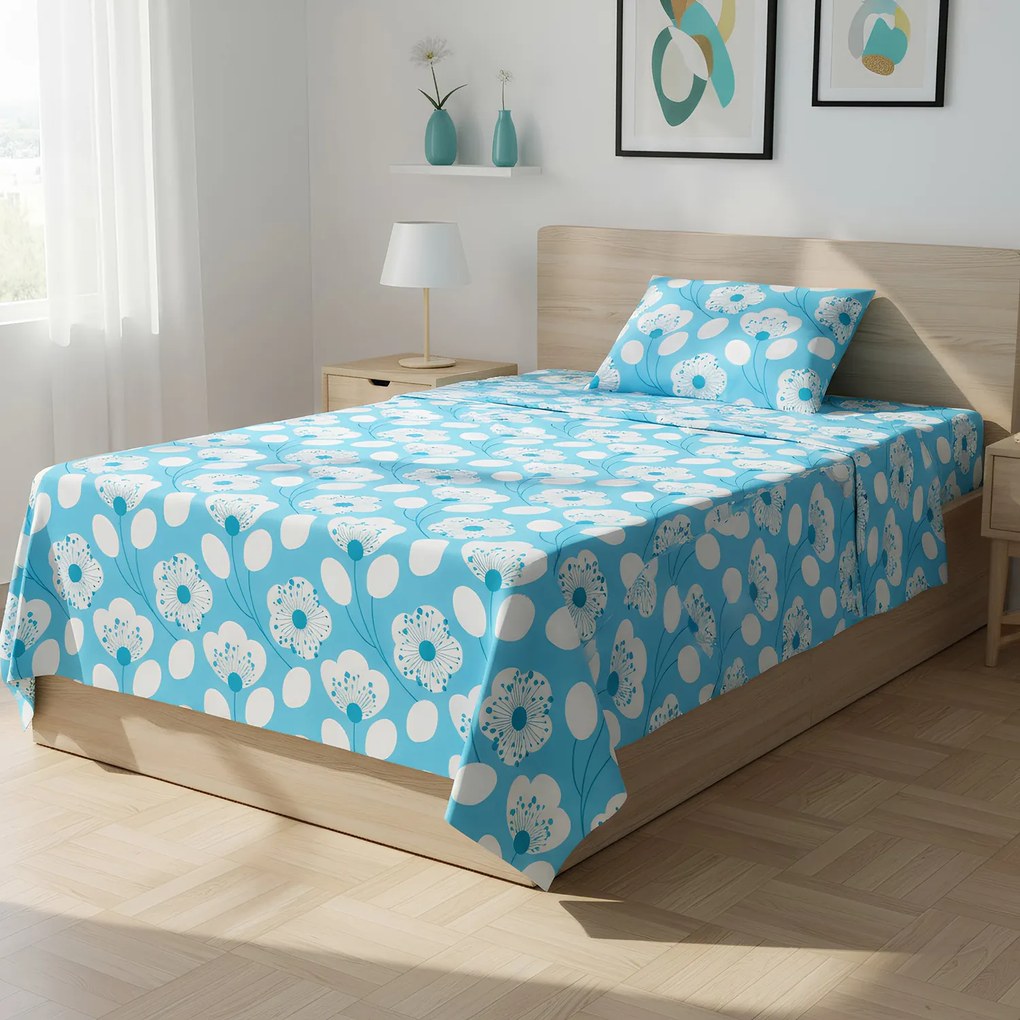 Completo letto 1 piazza e mezza azzurro fiori bianchi
