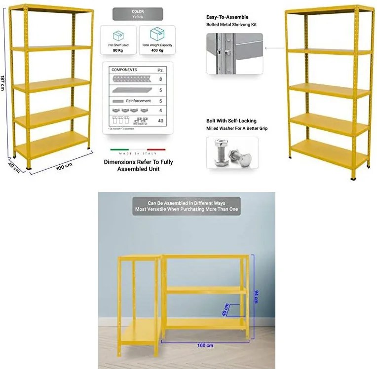 Scaffale in Metallo 5 Ripiani 100x40x187 cm  Ettore Giallo...