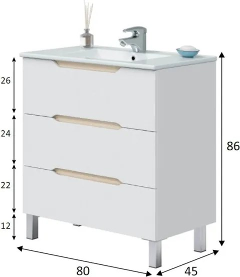 Mobile Da Bagno 80 Cm 3 Cassetti Con Piedini E Lavabo In Ceramica Lea Bianco Lucido